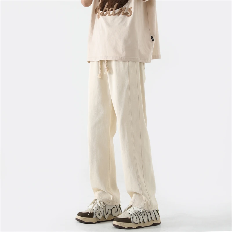 米白色牛仔裤男美式高街潮牌宽松阔腿长裤直筒复古重磅松紧抽绳裤