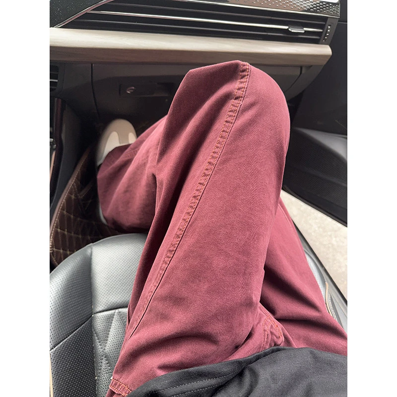 美式复古安哥拉红休闲阔腿牛仔裤男bf直筒慵懒风波尔多红酒红长裤