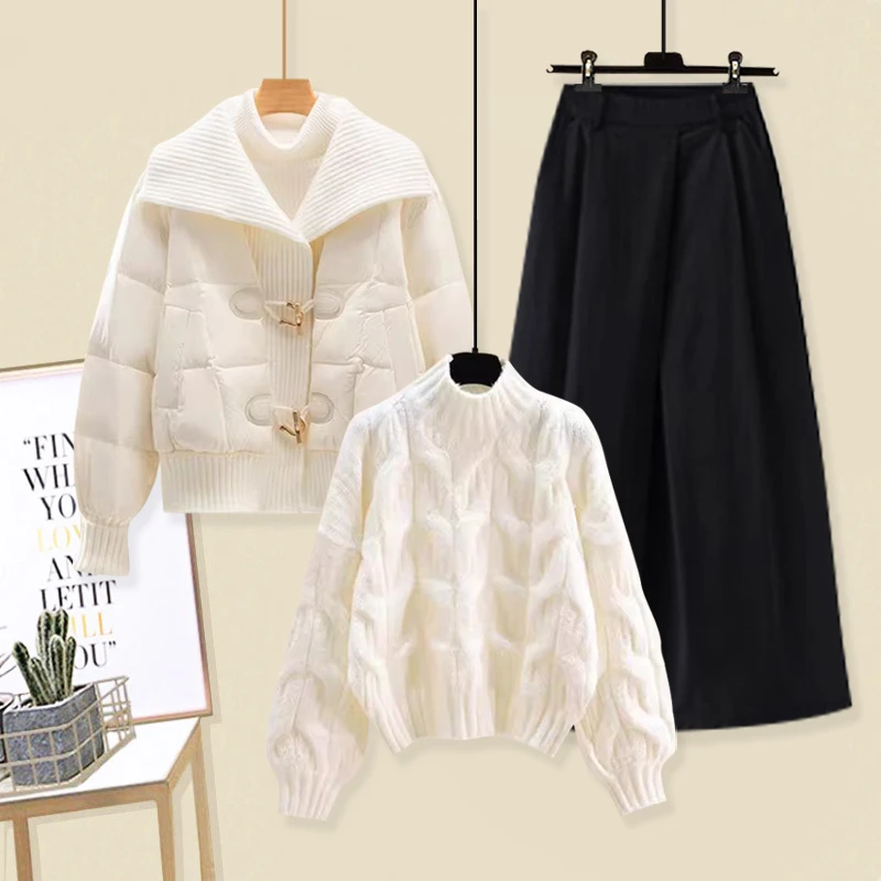 2024新款套装裙小香风外套冬季棉服女针织毛衣百搭半身裙三件套潮