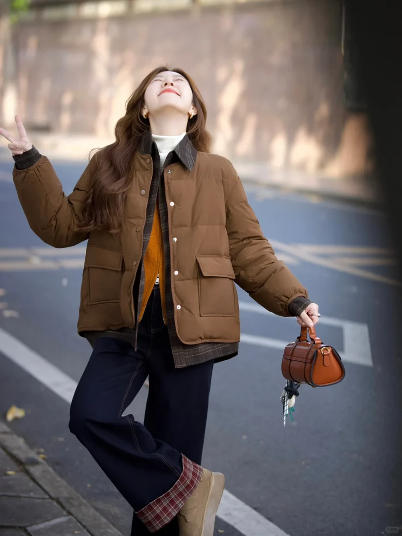 2024冬新款法式复古衬衫假两件保暖棉服针织开衫搭配牛仔裤三件套