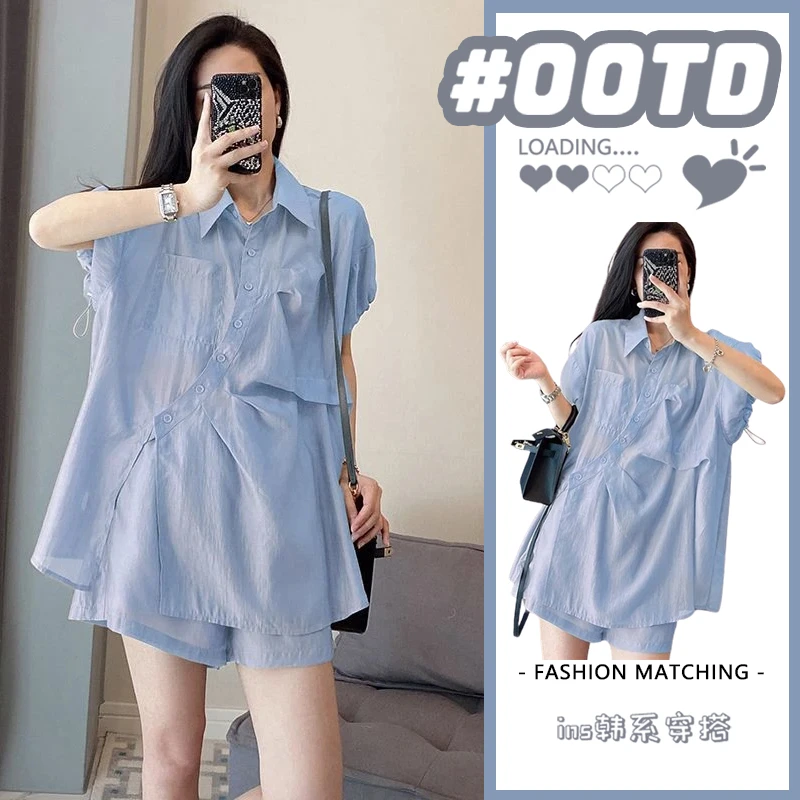 浅蓝色衬衫女2024新款爆款夏季小香风套装女显瘦阔腿短裤两件套