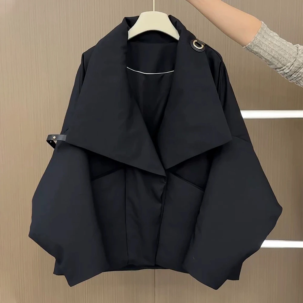 高级黑色大翻领加绒棉服女冬季大码微胖mm设计感好看保暖棉衣外套