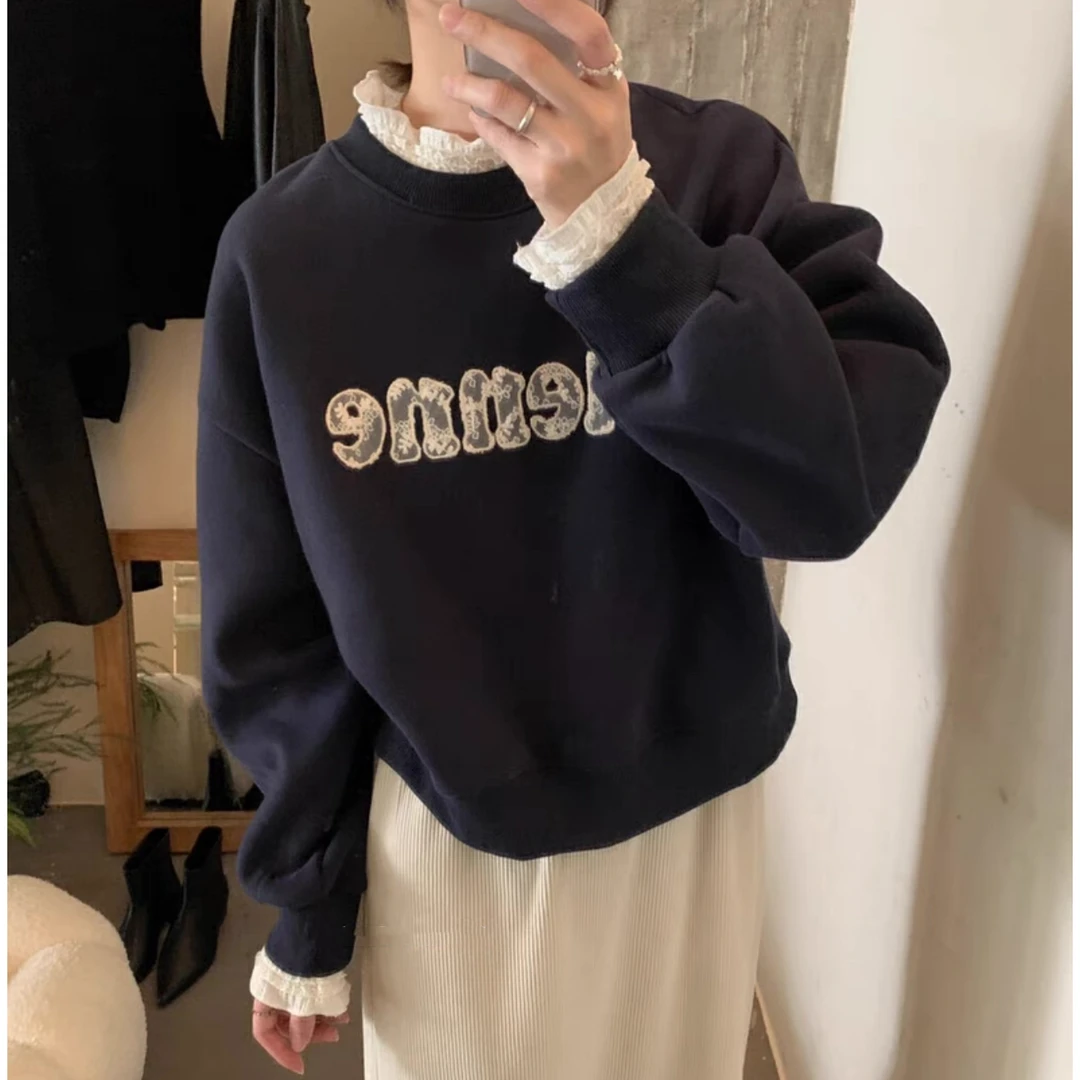 【福利清仓】假两件蕾丝卫衣女5238