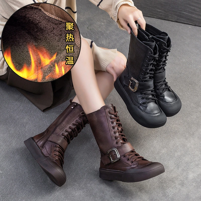 2024冬季新款加绒保暖时尚复古骑士中靴舒适加厚平底百搭轻奢女鞋