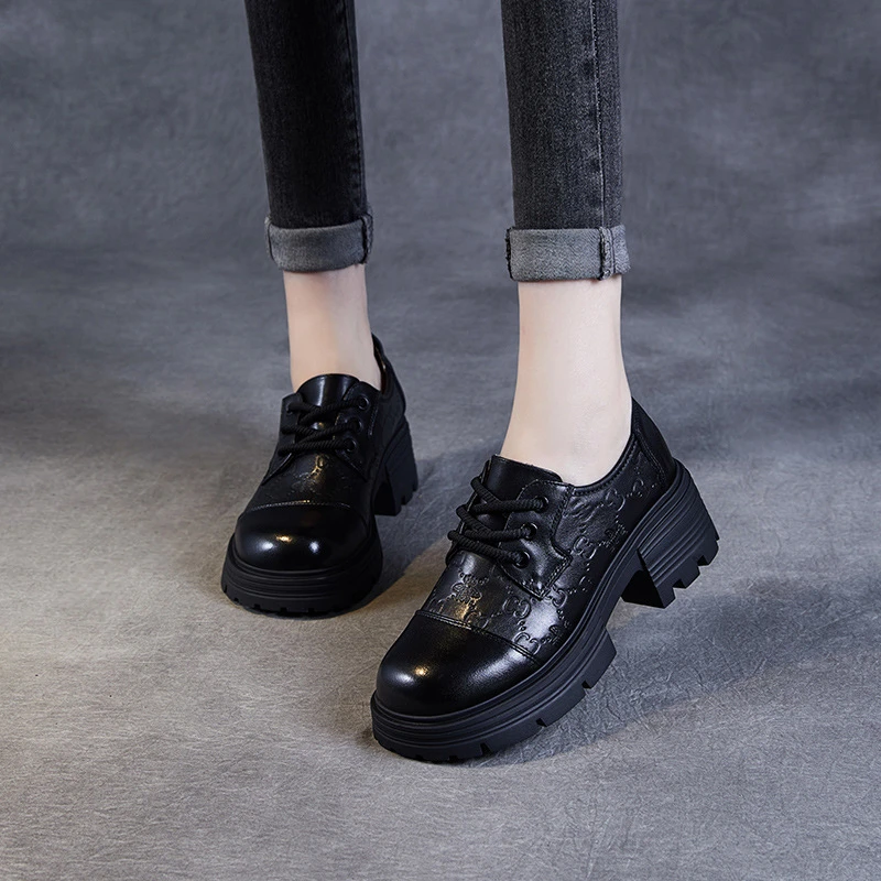 2024春秋厚底乐福鞋头层真牛皮压花小皮鞋英伦轻奢百搭系带单鞋女