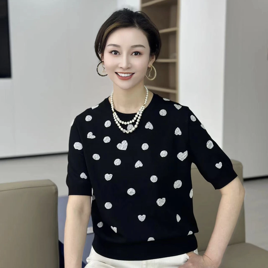 【北京阿玛施】5399704爱心纱线T印花夏季经典中袖时尚休闲套头