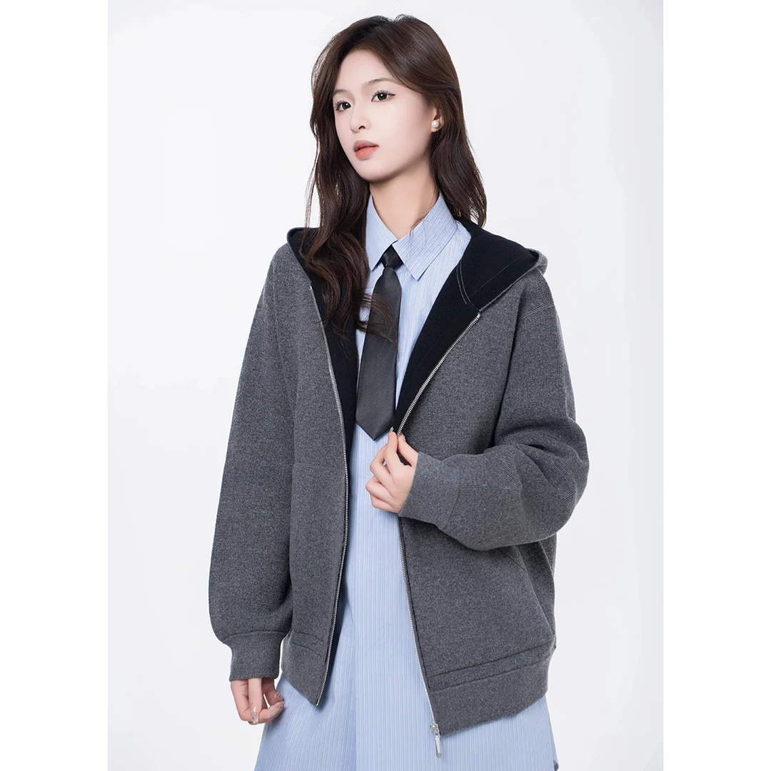 【北京阿玛施】5499284秋冬新款质感粗针廓形连帽绵羊毛针织开衫