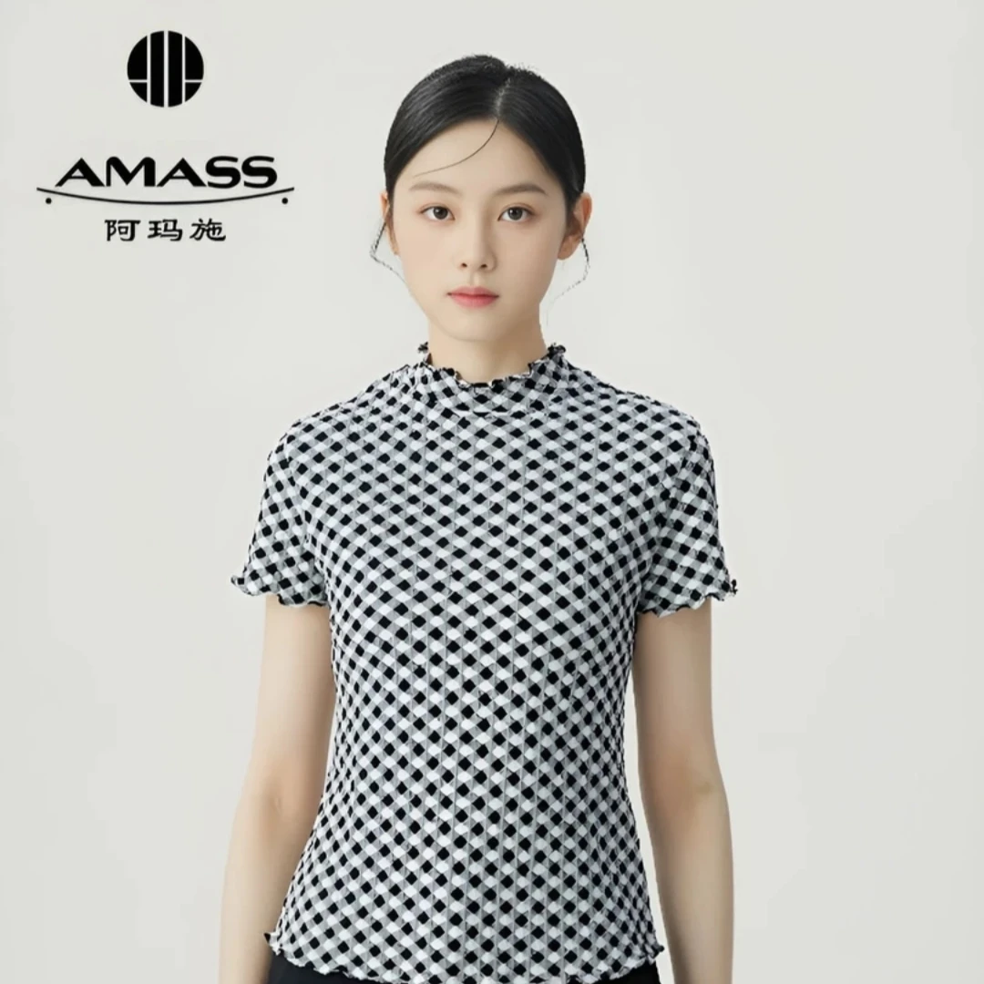 【北京阿玛施】5300603新款百搭休闲通勤减龄葱纱烟管领短袖T恤女