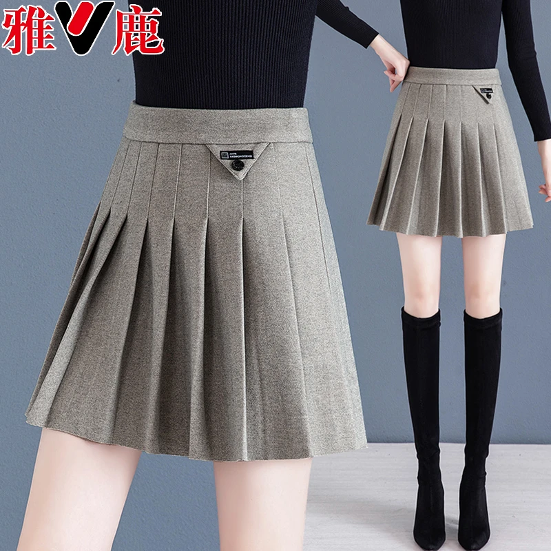 V/雅鹿气质短款半身裙小个子百褶裙秋冬季新款a字毛呢裙子女短裙