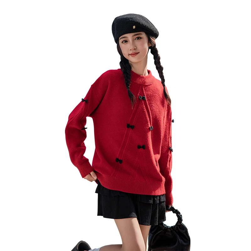 套头毛衣圆领蝴蝶结甜美红色宽松慵懒风秋冬25483