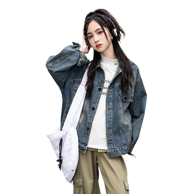 牛仔外套翻领深牛仔蓝复古宽松女中大童春秋新款百搭休闲25452