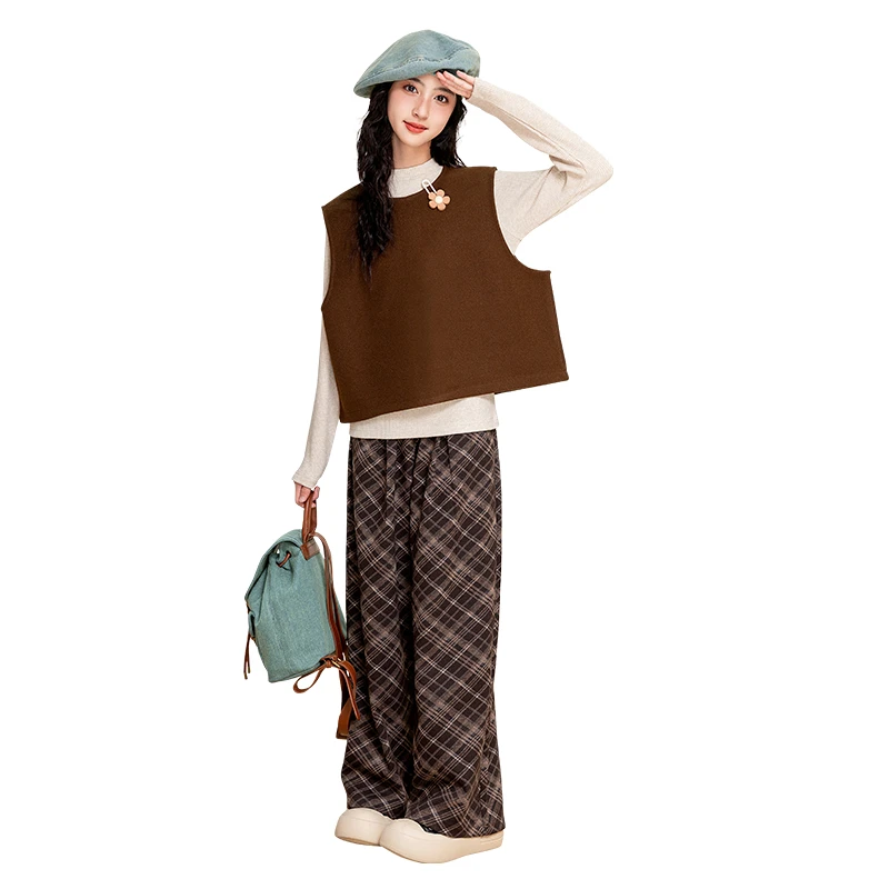 针织毛衣格子裤打底衫套装三件套秋季美拉德休闲复古宽松25476