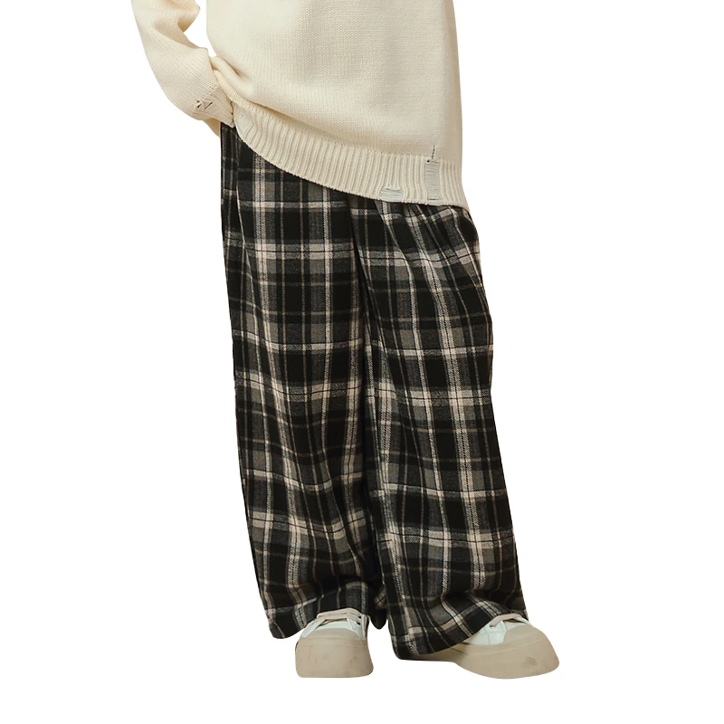 格子裤直筒阔腿长裤纯棉女中大童秋冬新款格纹复古宽松25461