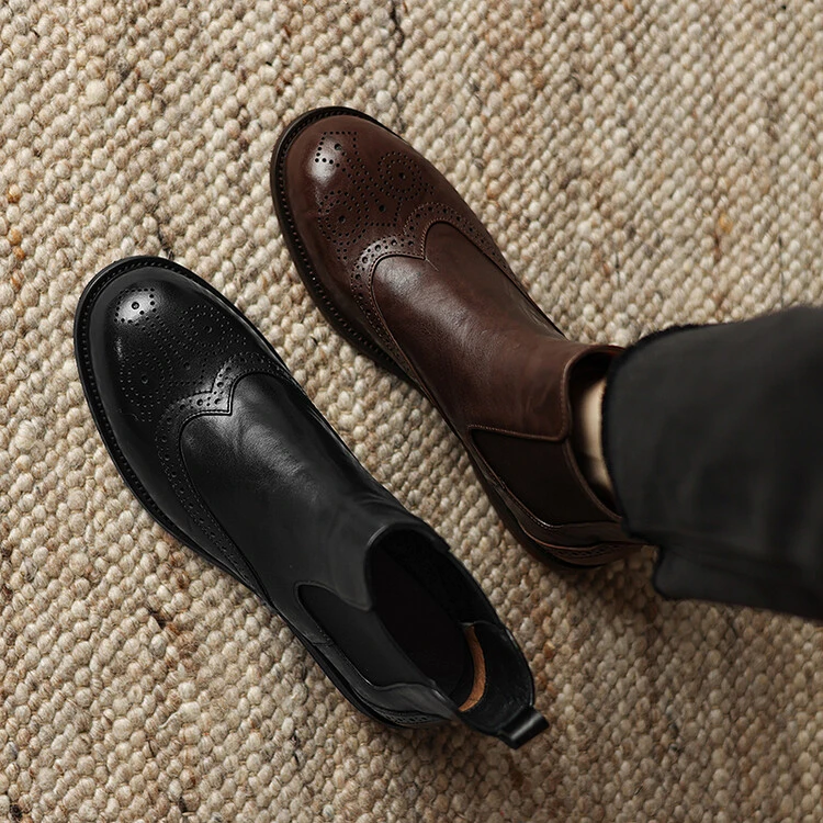 3.5CM粗跟34-39码秋冬复古英伦风棕色切尔西靴厚底加绒真皮短靴女