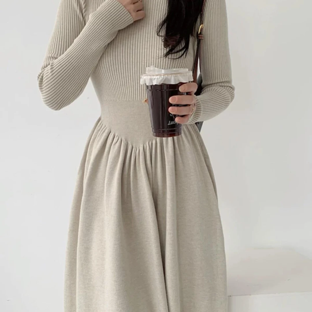 10241秋冬新款针织连衣裙保暖显瘦中长款过膝打底半高领毛衣裙
