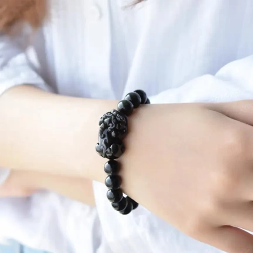 天然黑曜石貔貅手链男士彩耀石霸王貔恘黑色佛珠单圈情侣款手串女