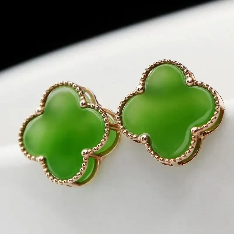 新疆和田玉碧玉四叶草耳钉菠菜绿耳环翠绿耳钉女士幸运草随身配
