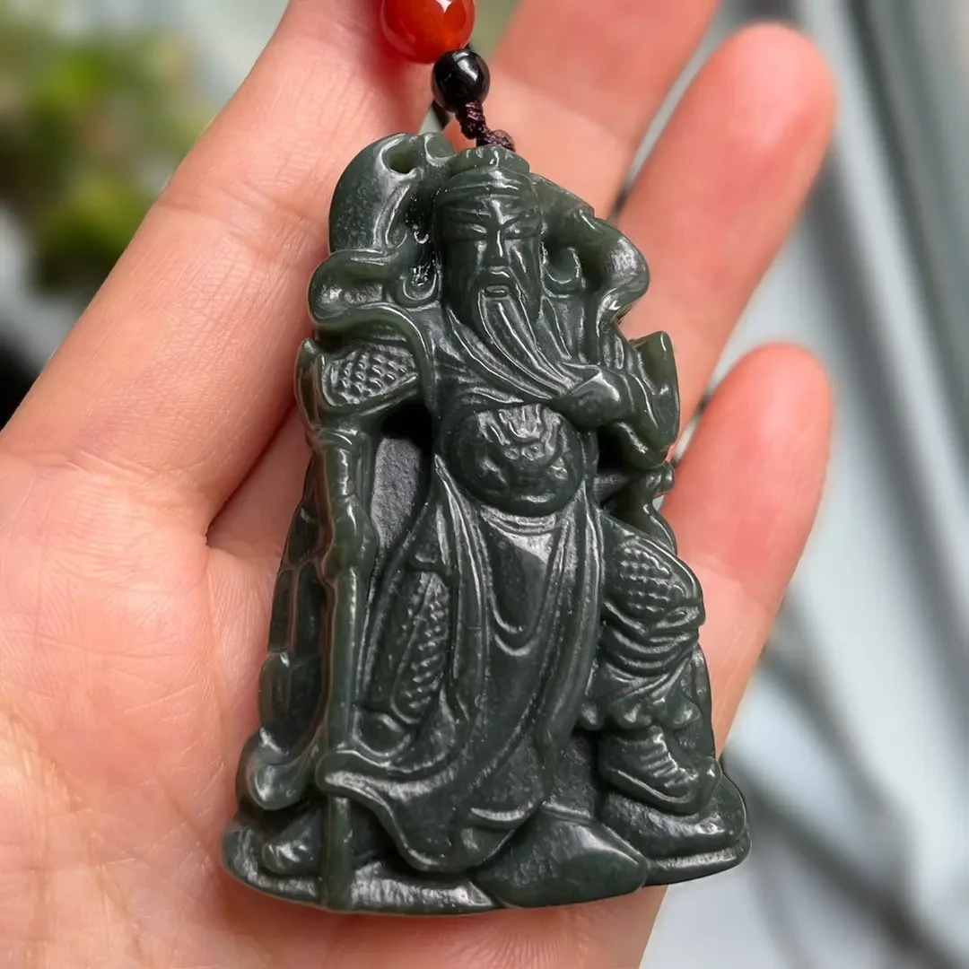 新疆和田玉青玉关公吊坠青玉关公大刀武财神吊坠玉坠男士项链