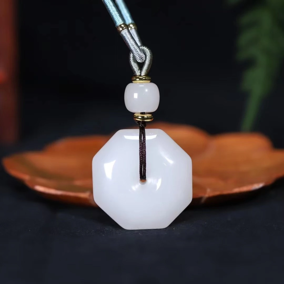 天然新疆金丝玉八方牌玉挂件吊坠高档脖子纯白男 女白色百搭时尚