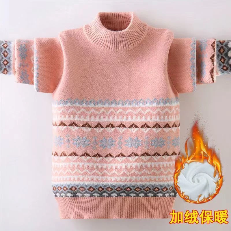 冬季新款女童长袖圆领套头童装加厚儿童针织衫加绒毛衣保