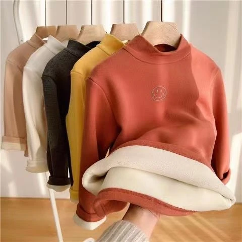 儿童半高领一体绒打底衫男童秋冬保暖上衣女童加绒加厚打底衣洋气