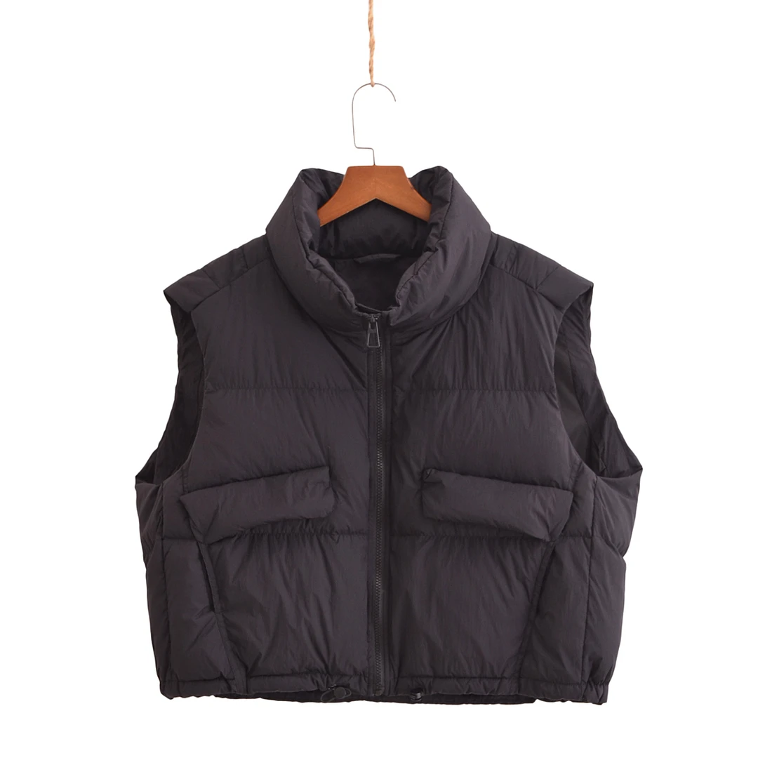 H4973捷拉服饰2024秋冬新款慵懒风大版短款坎肩立领休闲羽绒马甲