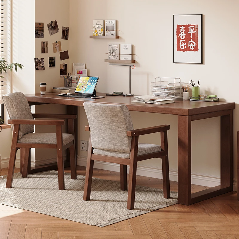 加厚电脑桌全实木双人书桌长条桌简约台式会议桌复古书柜写字台