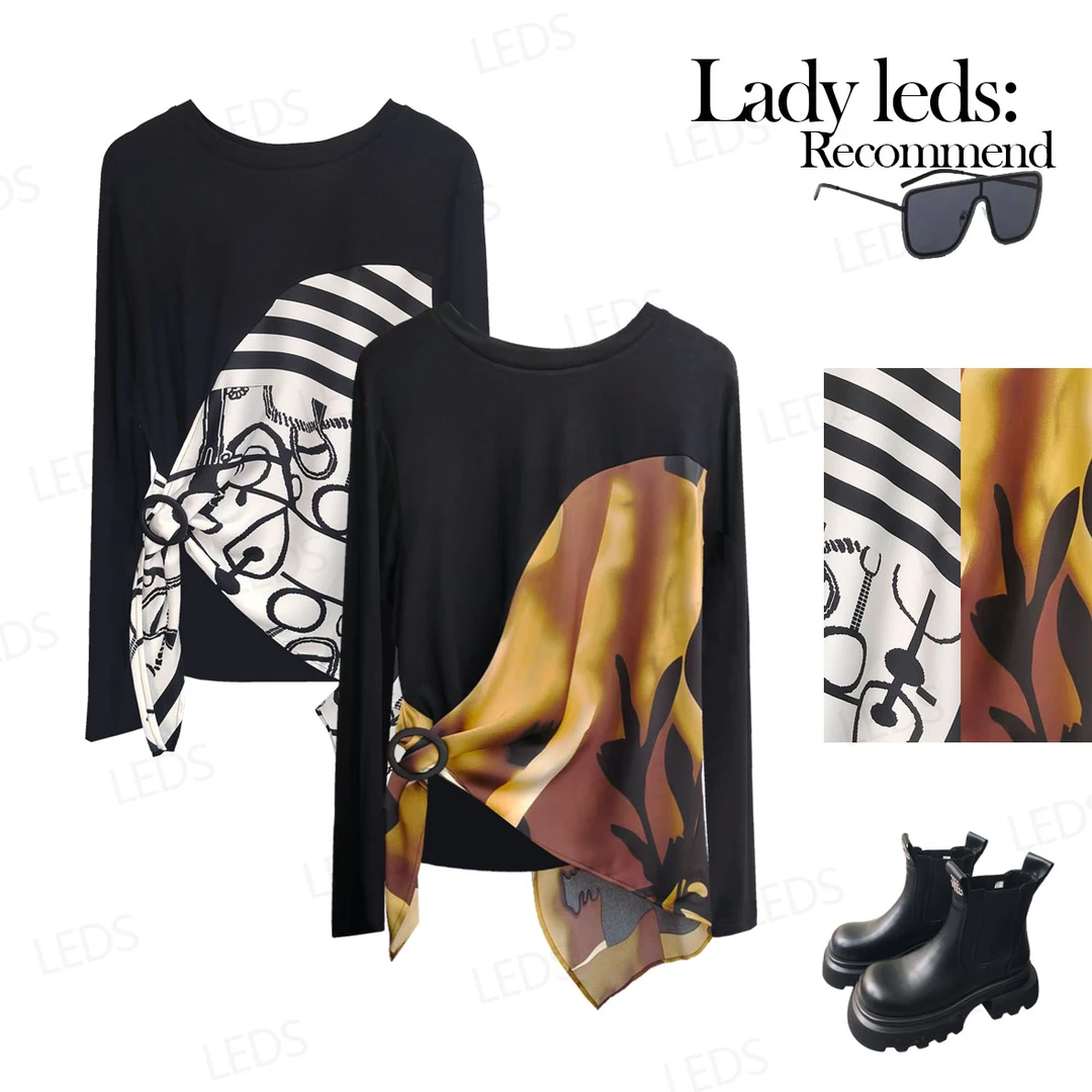 LEDS 8321秋季新款洋气显瘦气质姐姐风圆领两色长袖T恤