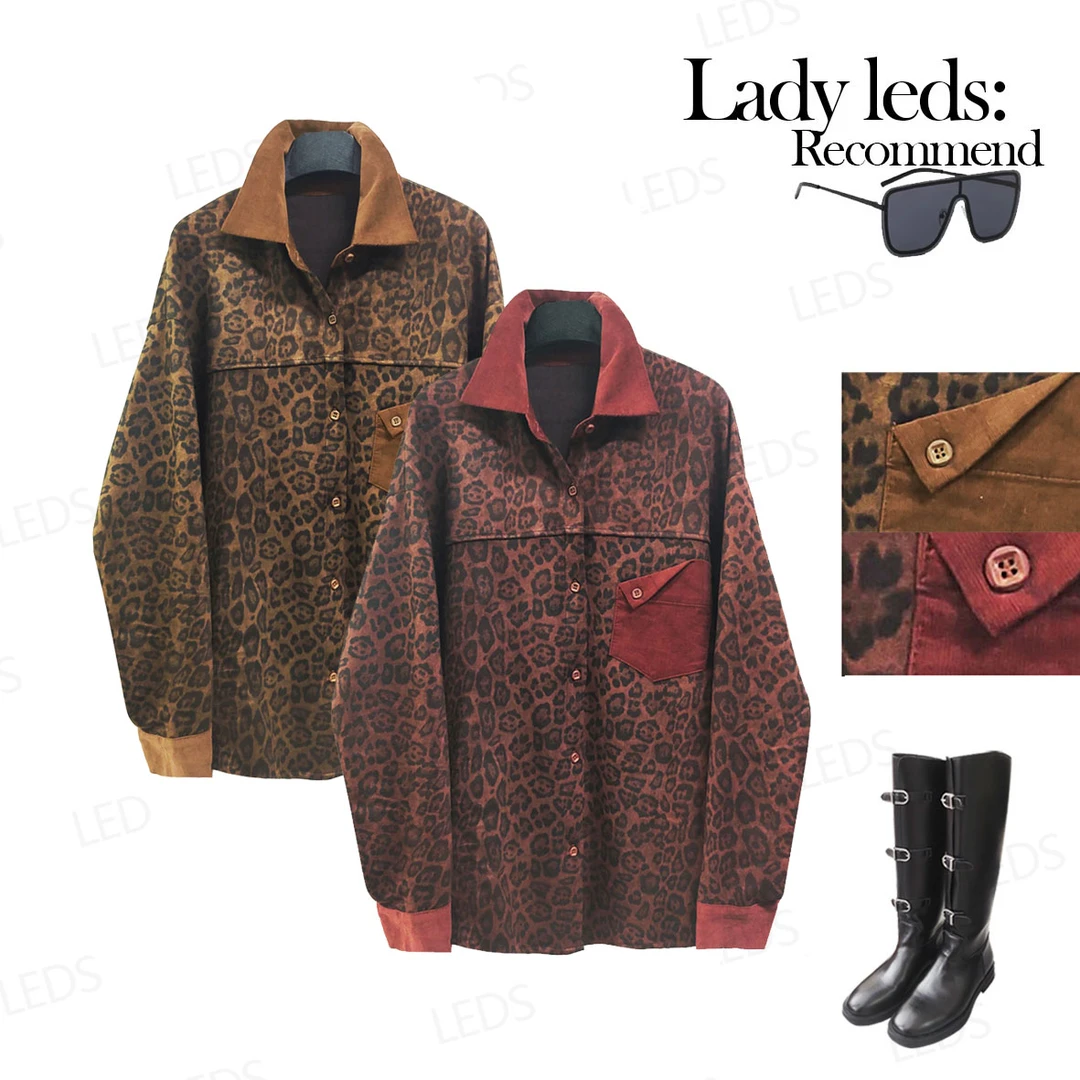 LEDS 9936秋季新款时尚休闲翻领红豹纹衬衫