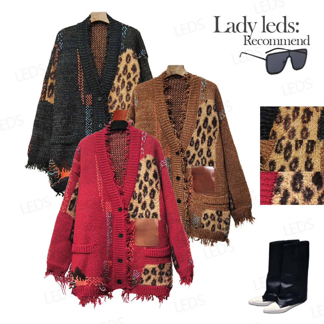 LEDS 8169秋季新款时尚个性拼接豹纹三色针织开衫