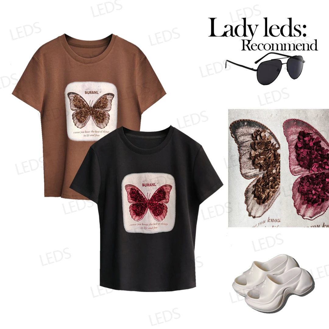 LEDS 66703秋季新款百搭休闲蝴蝶两色短款T恤