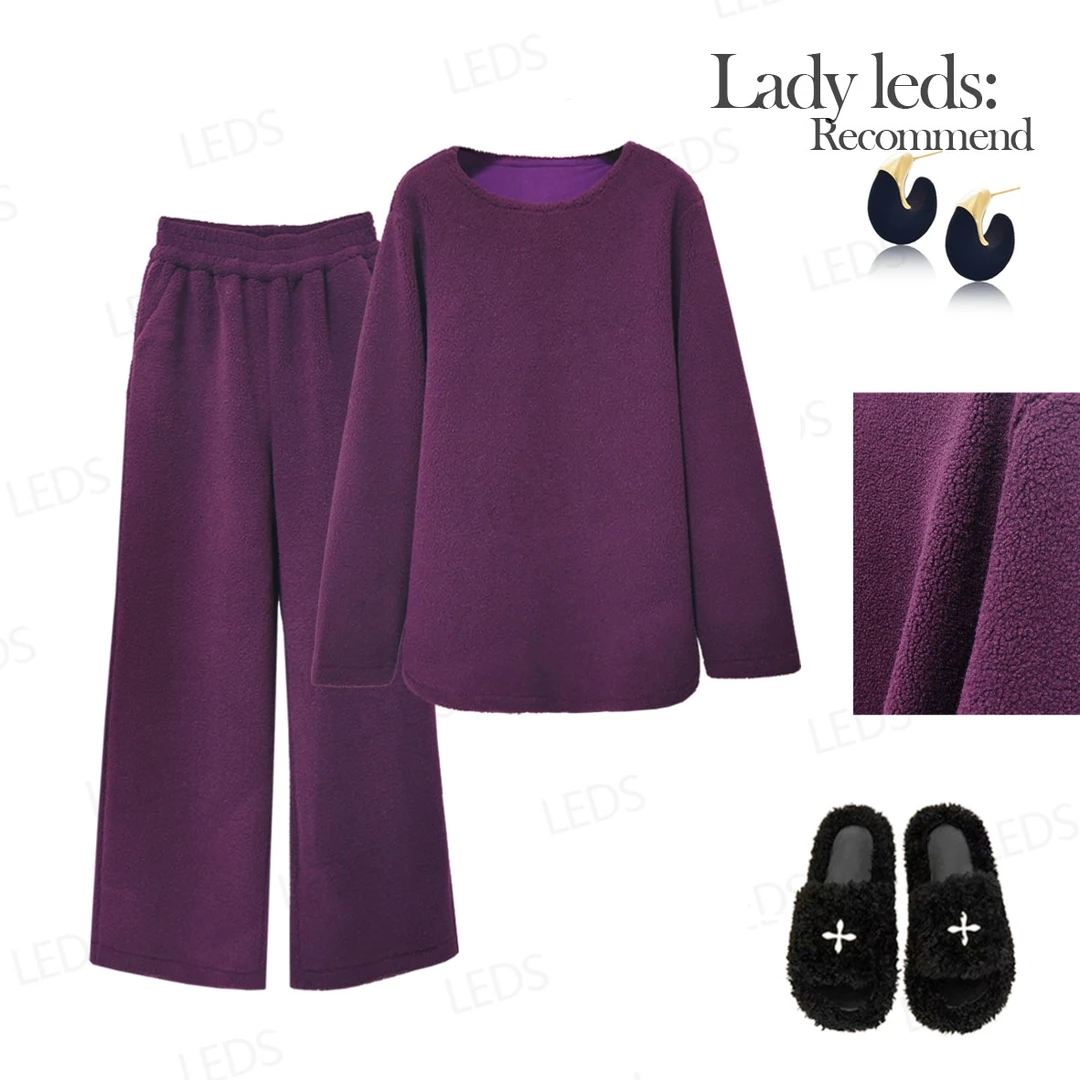 LEDS 88735冬季新款百搭休闲紫色颗粒休闲套装