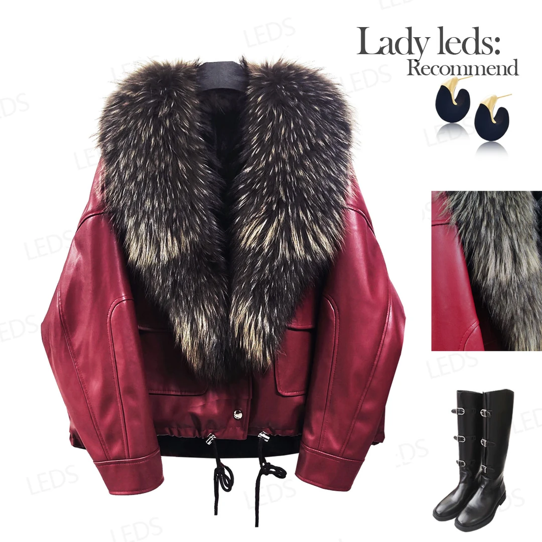 LEDS 1499冬季新款时尚亮眼吸睛红色大毛领短外套