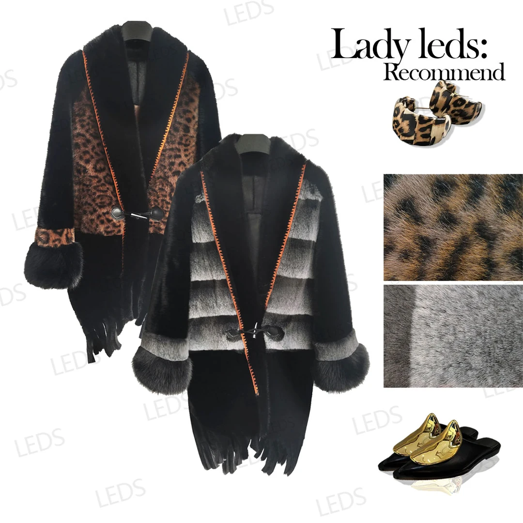 LEDS 82282冬季新款时尚轻奢两色牛角扣下摆流苏款外套