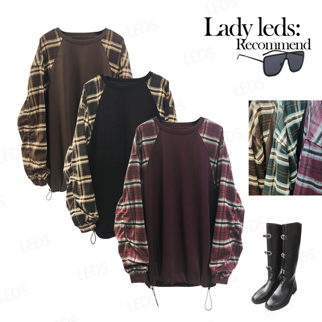 LEDS 7113秋季新款休闲宽松圆领格袖抽绳卫衣