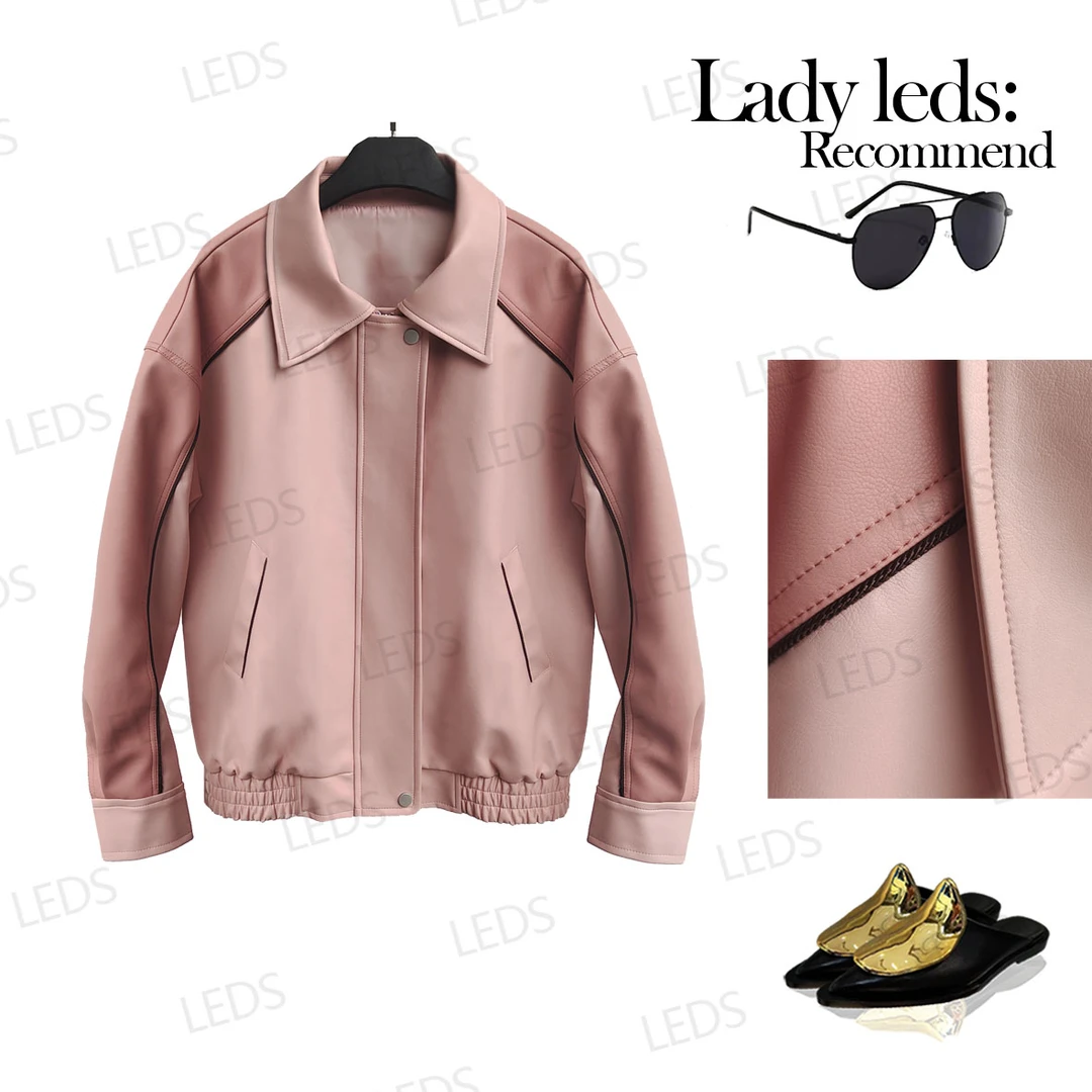 LEDS S391秋季新款时尚休闲百搭粉色短款翻领外套