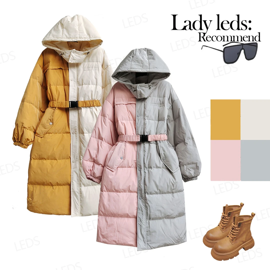 LEDS 98660秋季新款休闲连帽减龄左右撞色长款厚外套