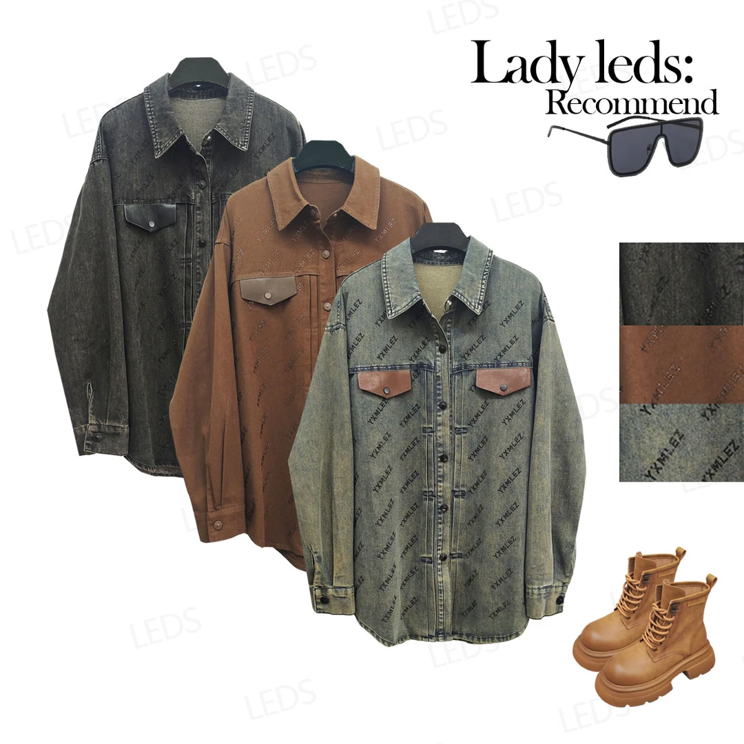 LEDS 97130秋季新款百搭宽松重工烫钻三色水洗牛仔衬衫