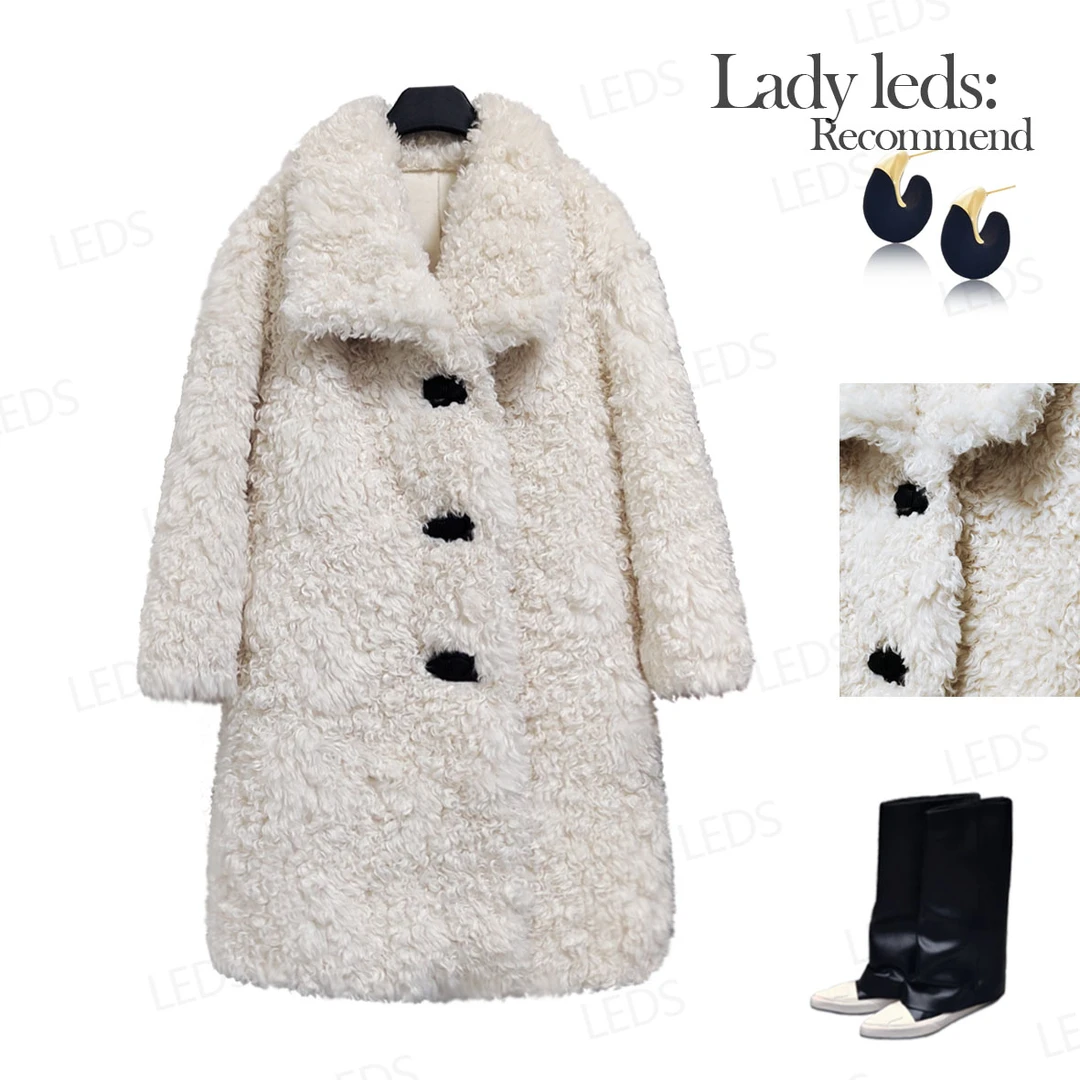 LEDS 66088秋冬新款气质白色三粒扣卷毛翻领外套