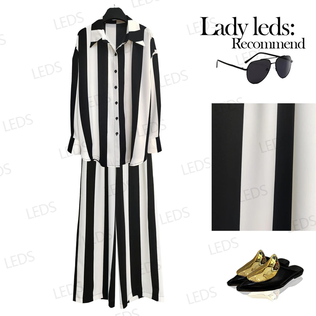 LEDS S465夏季新款职场通勤风百搭条纹衬衫阔腿裤套装