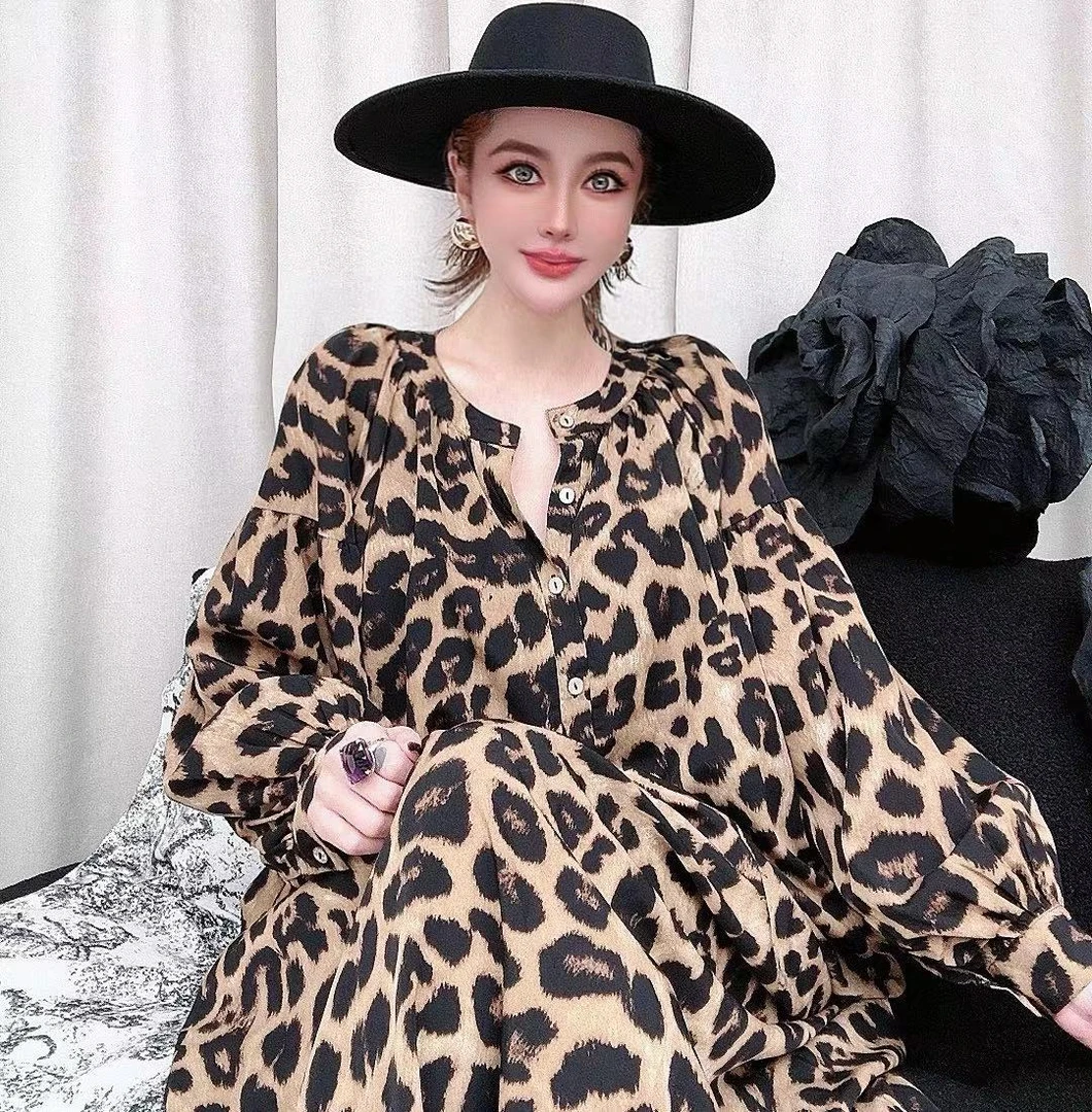 LEDS S288夏季新款时尚宽松长款豹纹连衣裙