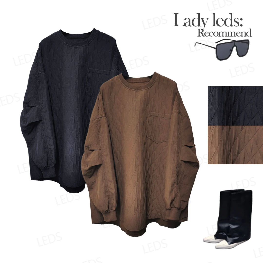 LEDS 8667秋冬新款百搭舒适褶皱袖圆领两色套头上衣