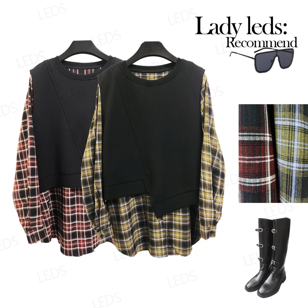 LEDS 8827秋季新款百搭休闲假两件撞色格子上衣