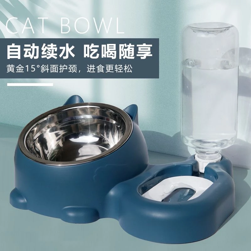 猫咪饭碗狗狗食盆猫碗饮水二合一自动喂食猫碗不锈钢碗宠物用品