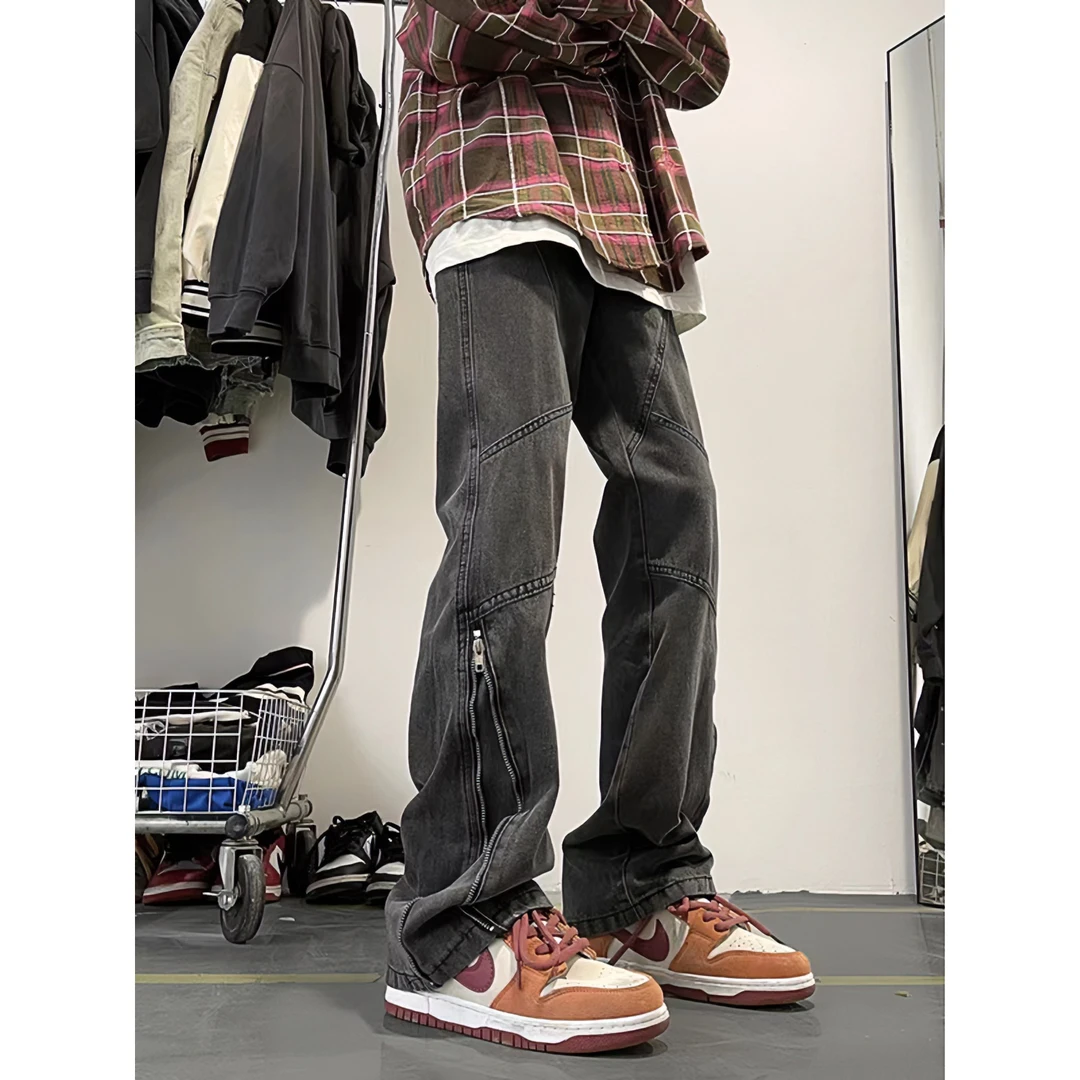 黑色直筒牛仔裤男款新款美式高街裤脚拉链裤子痞帅伐木工装裤百搭