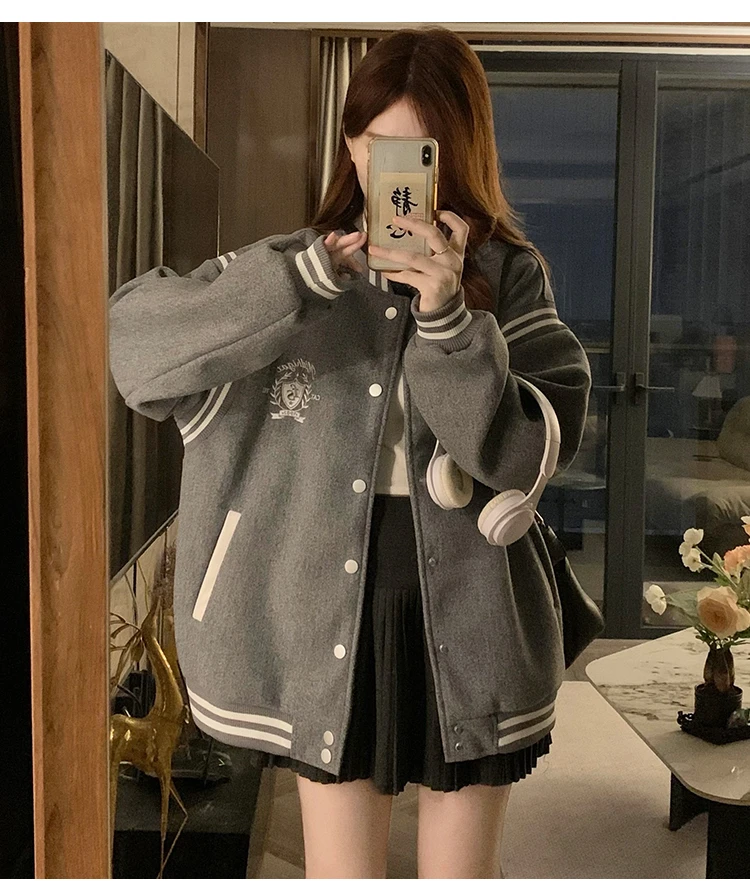 潮牌美式复古学院风翻领百搭拼接外套2024春秋情侣宽松夹克棒球服