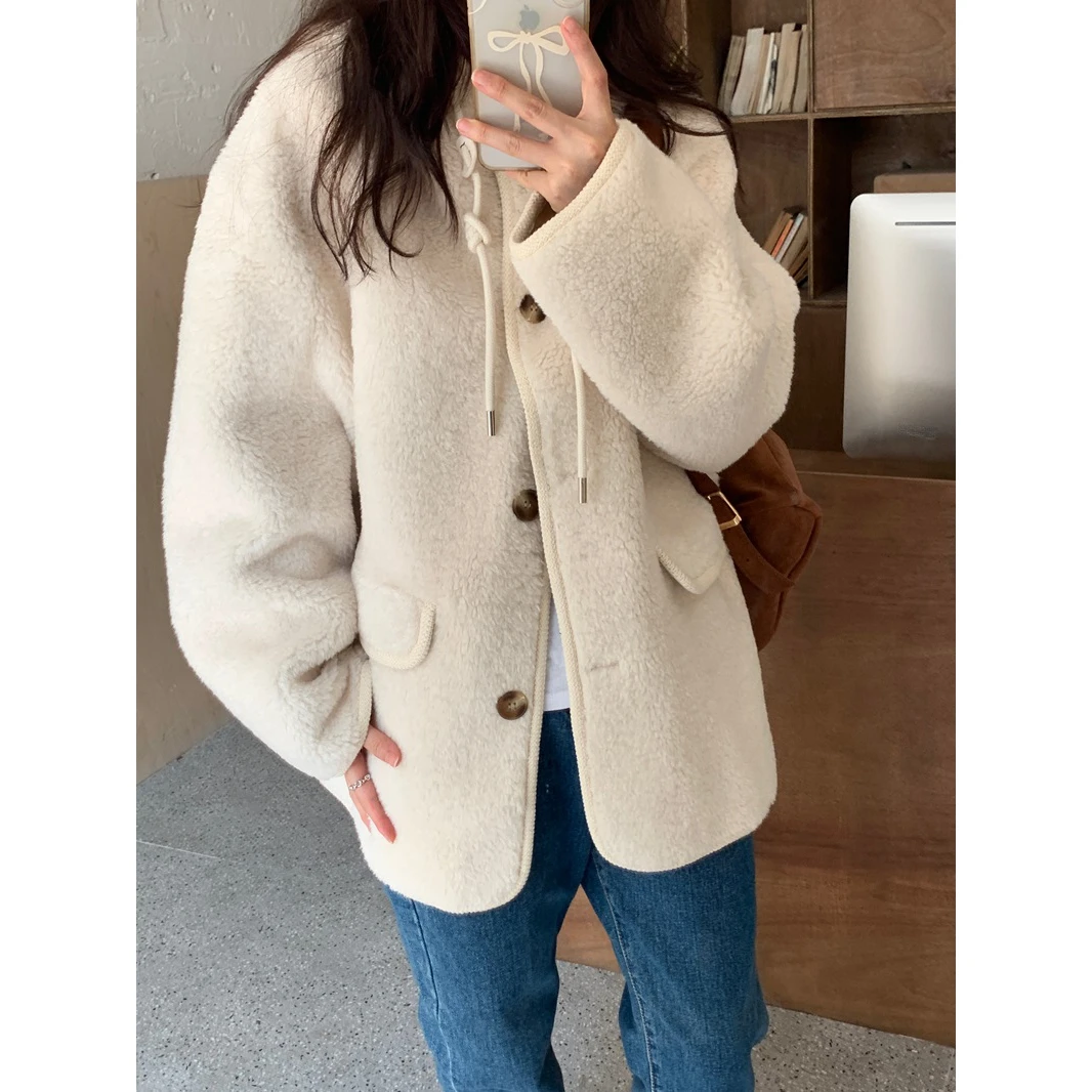 韩系休闲单排扣皮毛一体加厚保暖连帽抽绳羊羔毛外套(内里白色)