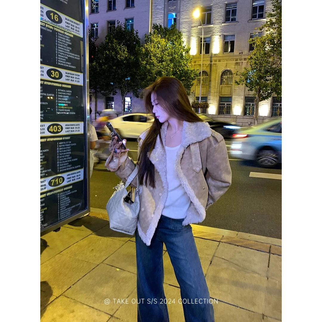 秋冬新款暮繁星鹿皮绒皮毛一体短款外套女秋冬季机车服