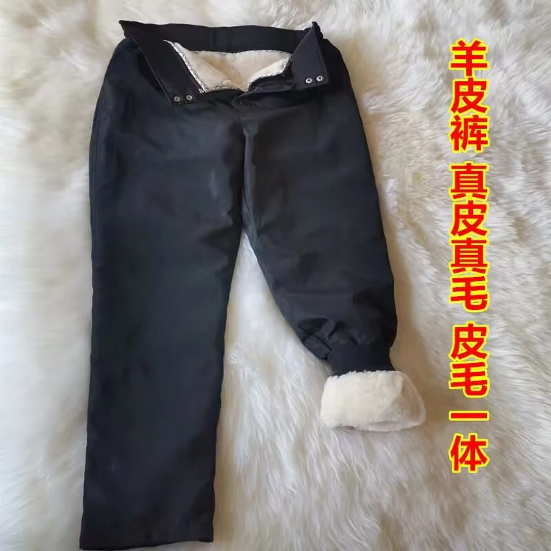 真羊皮裤冬季男士皮裤真皮皮毛一体加绒保暖裤加厚高腰中老年棉裤