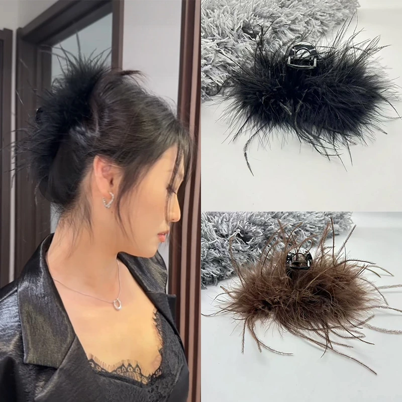 羽毛抓夹2024新款高级感秋冬毛毛鲨鱼夹显发量夹子头饰